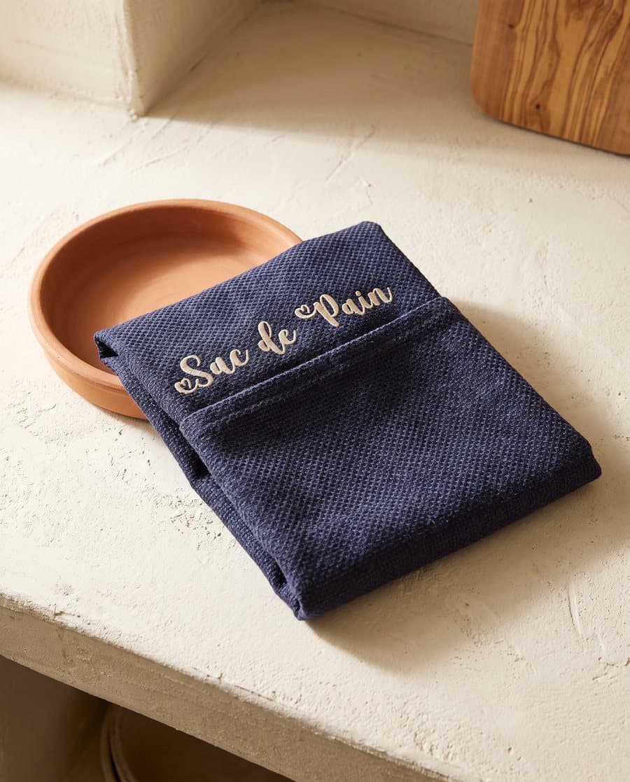 Sac de pain navy plié, broderie écrue